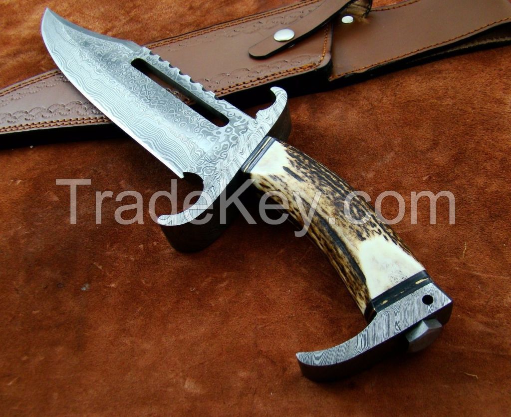 DEER ANTLER BEAUTIFUL-CUSTOM-HAND-MADE-DAMASCUS STEEL HUNTING BOWIE KNIFE .
