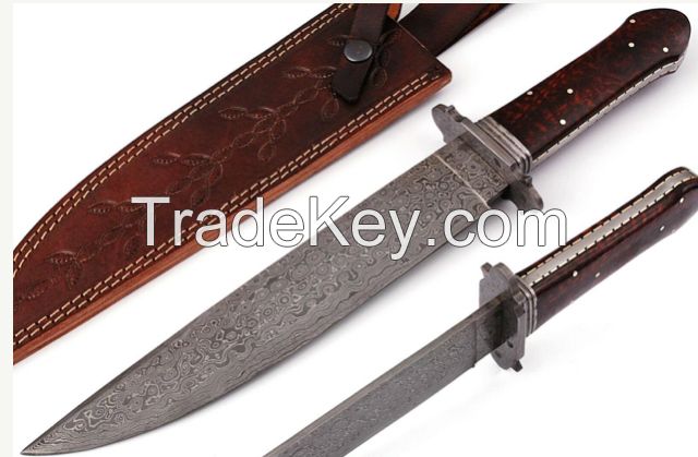 Damascus Steel Hunting Bowie Knife with American Wood Handle file Worked 