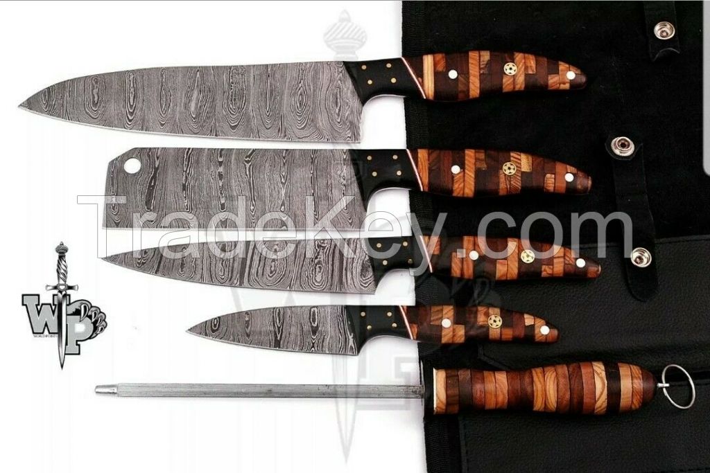 Custom Handmade Damascus Professional kitchen Chef knives set-5-Piece