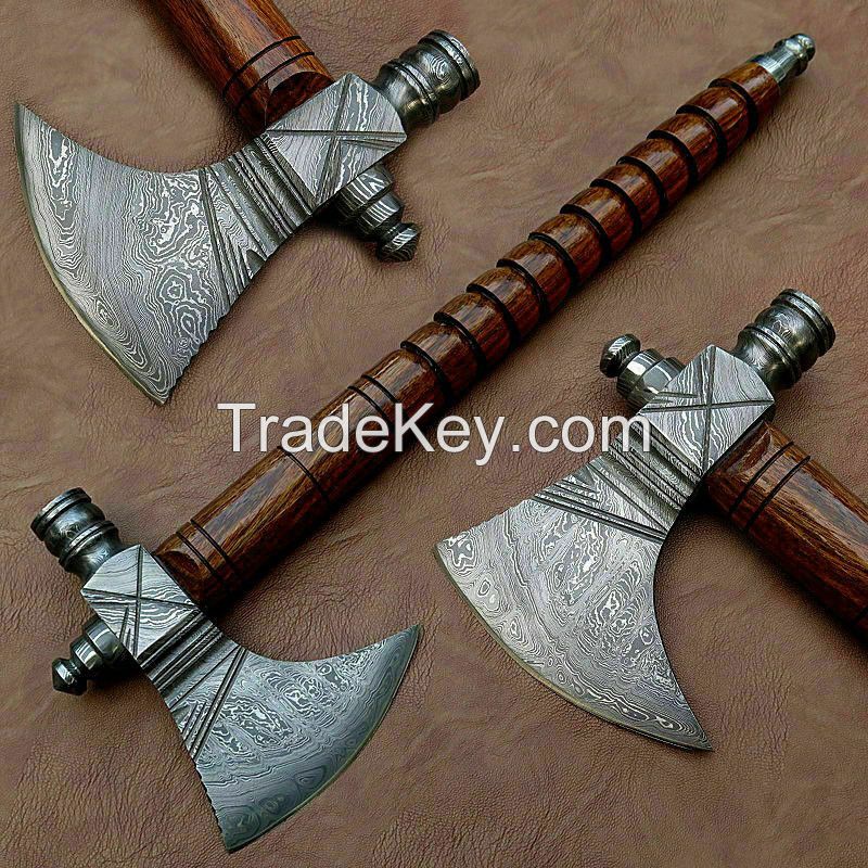 Pipe Viking Custom Hand Made Damascus Steel Axe Rose Wood Handle