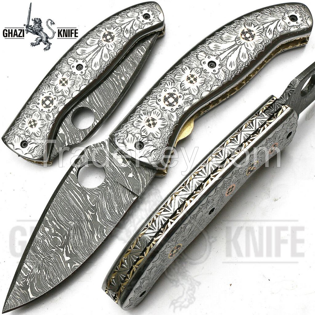 Superb Custom Hand Made Damascus Knives, Folding Pocket Knife Clip, With Sheath