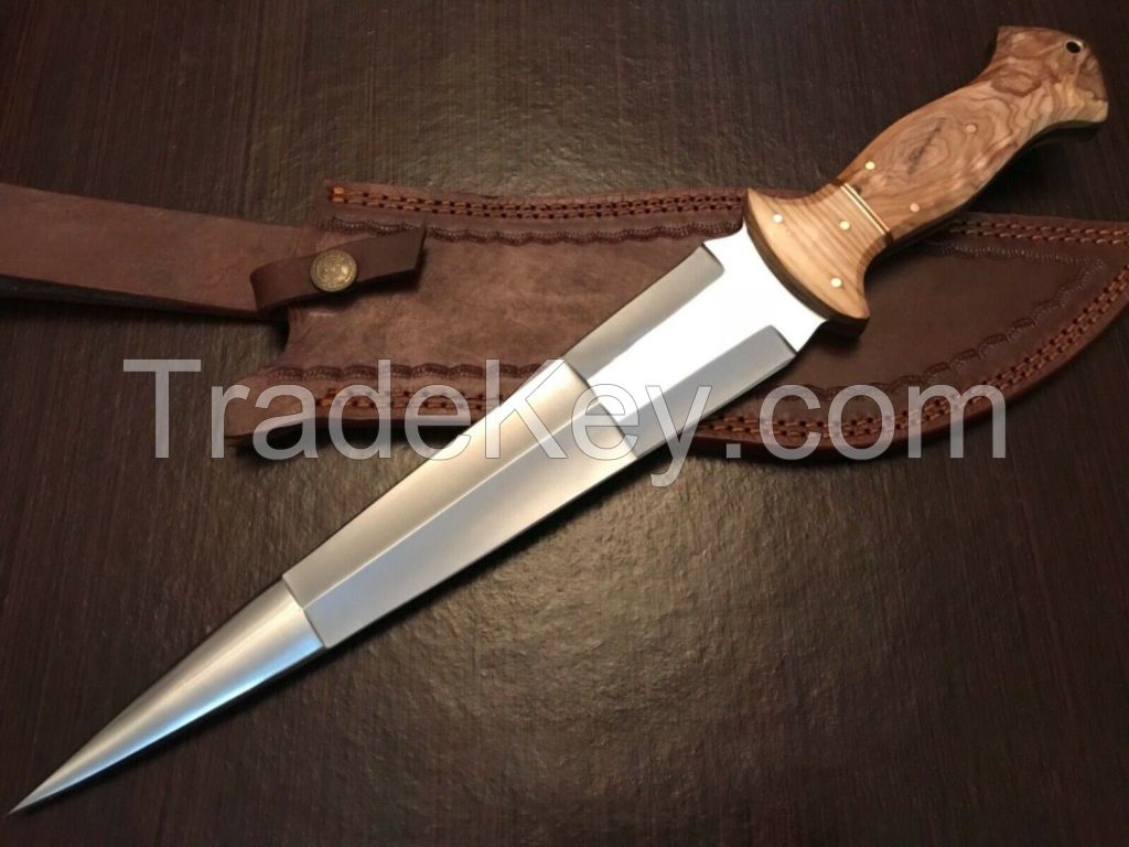 HANDMADE CUSTOM FULL TANG HUNTING DAGGER KNIFE D2 CARBON STEEL OLIVE WOOD HANDLE