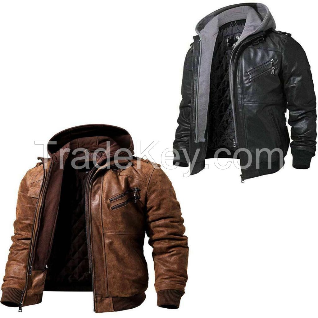 Hooded Real Leather Jacket for Men Bomber Biker Real Sheep Skin Black Brown100% Genuine Sheep Skin Leather (Soft, Light Weight, Durable and Comfortable.) Inner Lining: Shear ling fur (Artificial Fur) & Polyester.