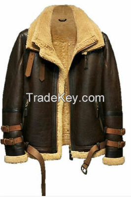 Aviator Real Leather Jacket for Men Tan Brown Bomber Sheep Skin Mens Jacket