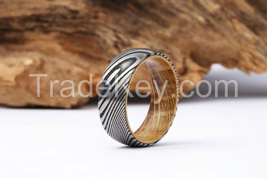 Damascus Steel and wood Ring Damascus steel weding band Wood Sleeve Wedding Ring