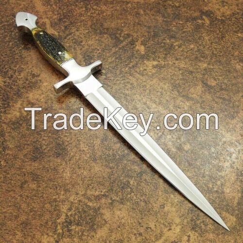 Handmade D2 Tool Steel Dagger Bowie Hunting Knife - Stage Horn Handle