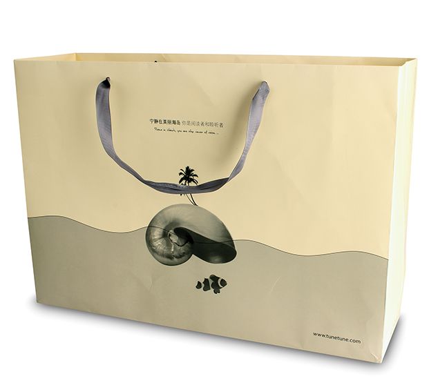 Customized Luxury white cardboard paper bag with ribbon handle