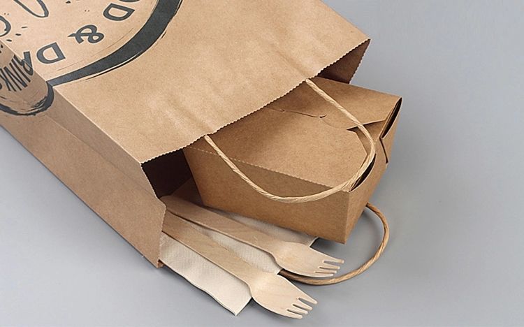 Custom Logo Printed Cheap Eco Recycle Take Away Food Packaging Kraft Paper Bag with Handles