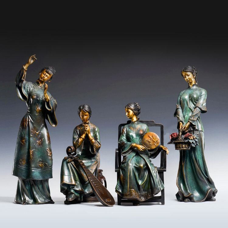 A set of four stylized modern bronze statues of me, a bronze statue of a Chinese woman,