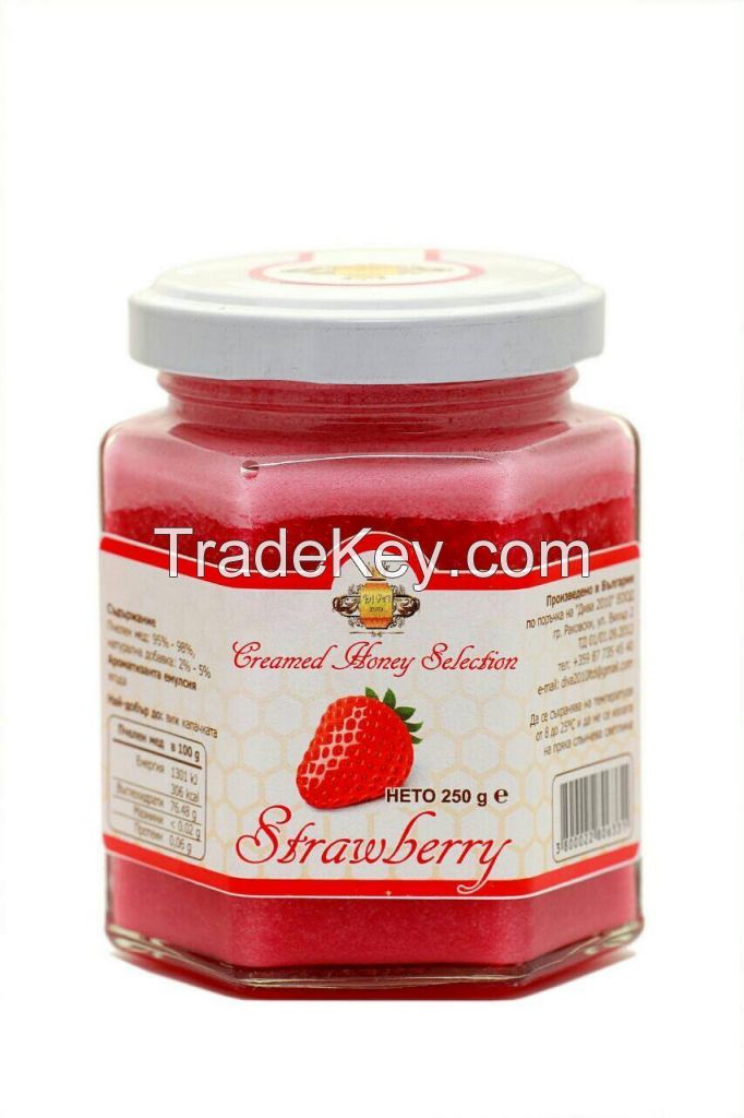 Creamed honey with strawberry flavour