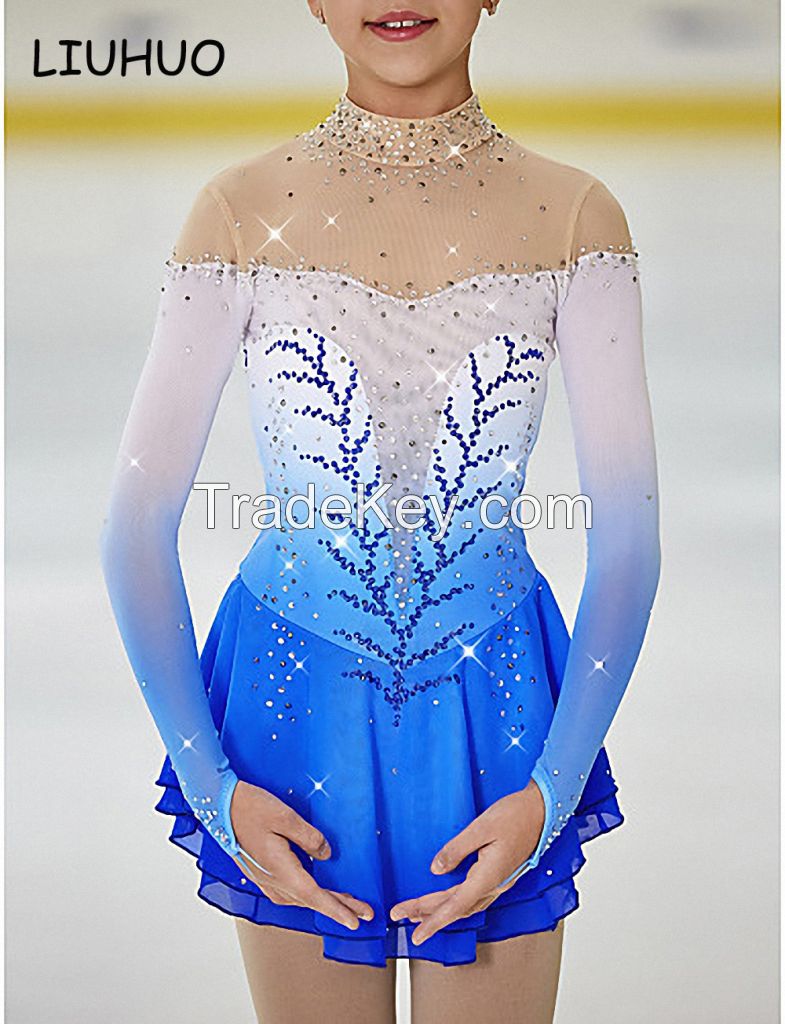 Figure skating dress blue girls long sleeves handmade jeweled ice skating dress