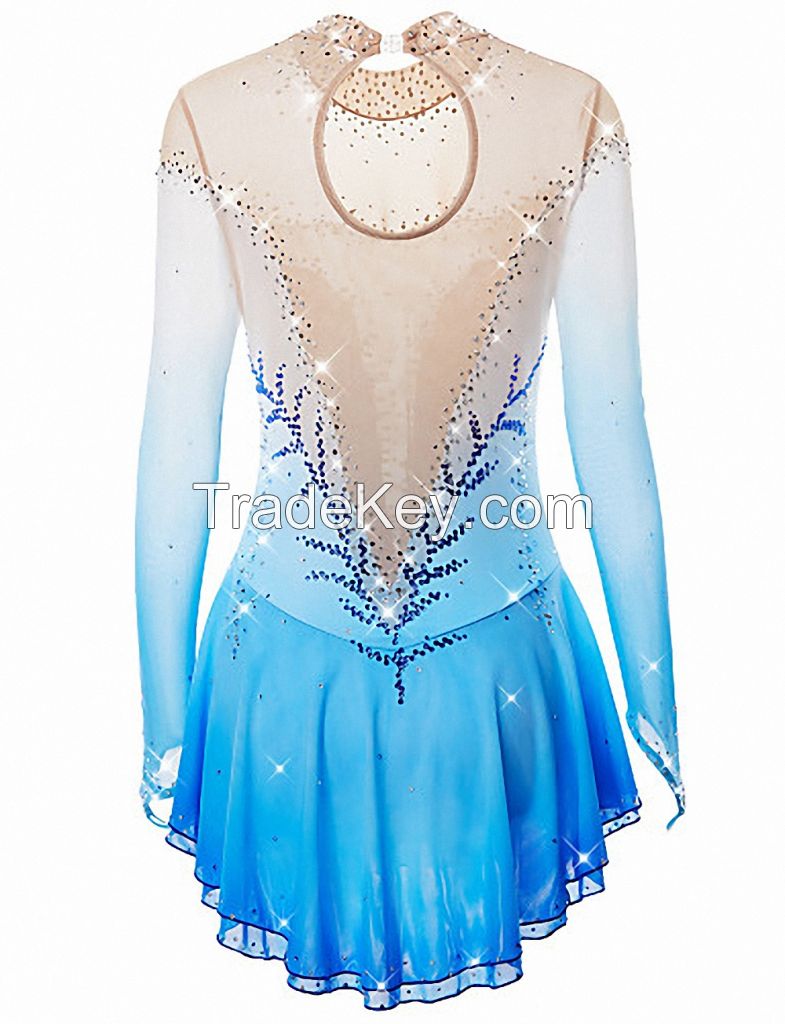 Figure skating dress blue girls long sleeves handmade jeweled ice skating dress