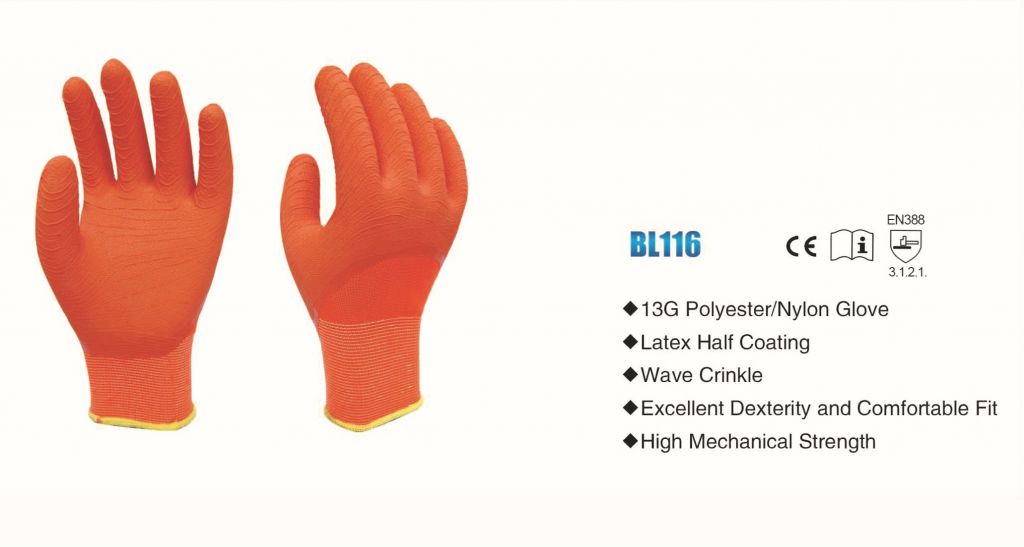 Cotton interlock latex wave crinkle  glove 