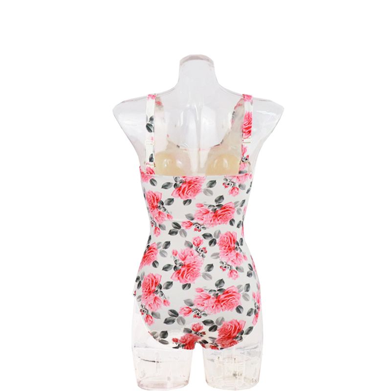 Customized Women Swimwear One Piece Swimsuits with Red Flowers Print D