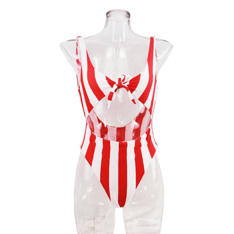 White And Red Stripe High Waist One Piece Women Bathing Swimsuit with