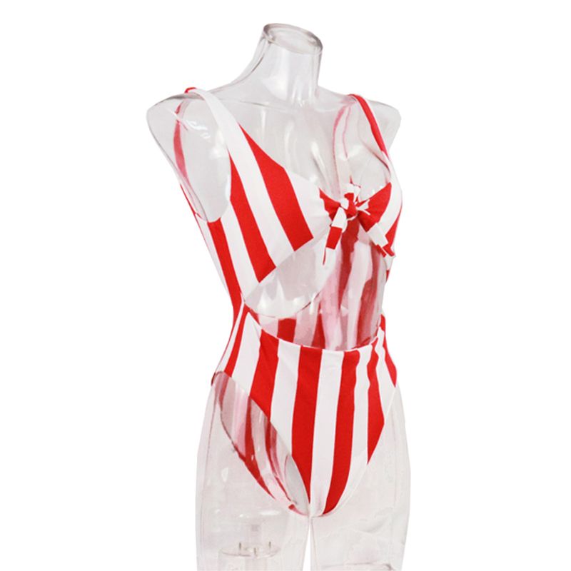 White And Red Stripe High Waist One Piece Women Bathing Swimsuit with