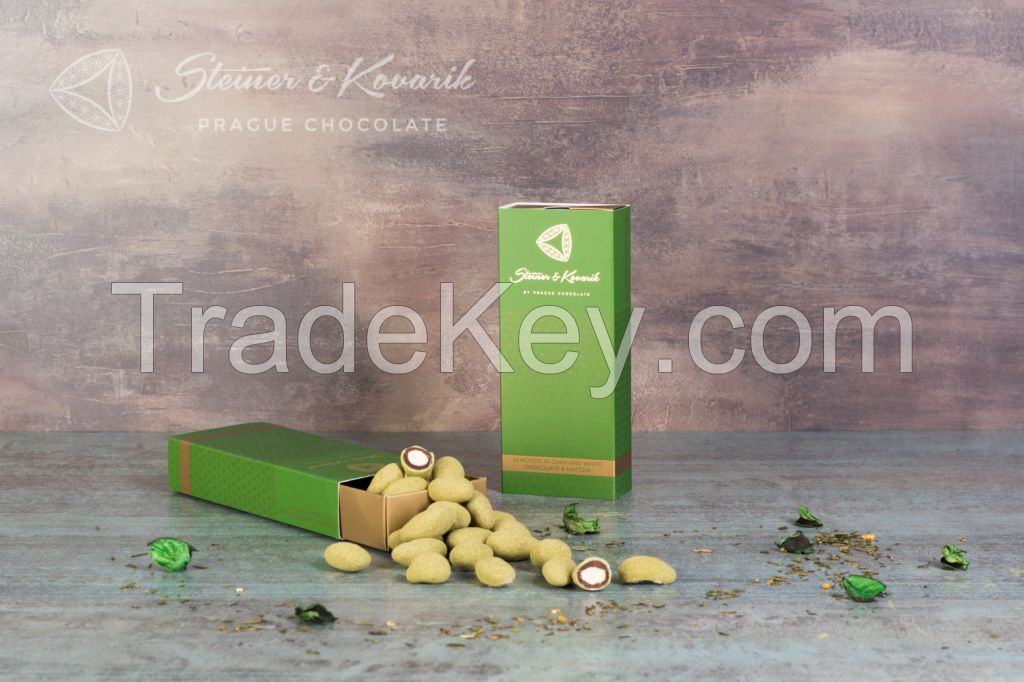 Almonds in dark and white chocolate and matcha