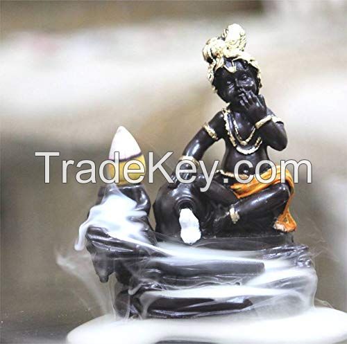 Craftam Polyresin Krishna Smoke Backflow Cone Incense Holder Decorative Showpiece with 10 Smoke Cones (Orange)