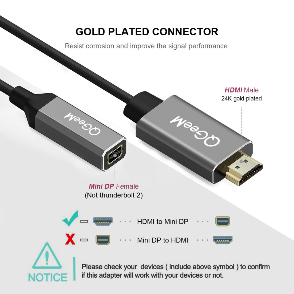 HDMI to Mini DisplayPort Converter Adapter Cable, QGeeM 20Cm 4K x 2K HDMI to Mini DP Adaptor for HDMI Equipped Systems, Compliant with VESA Dual-Mode DisplayPort 1.2, HDMI 1.4 and HDCP