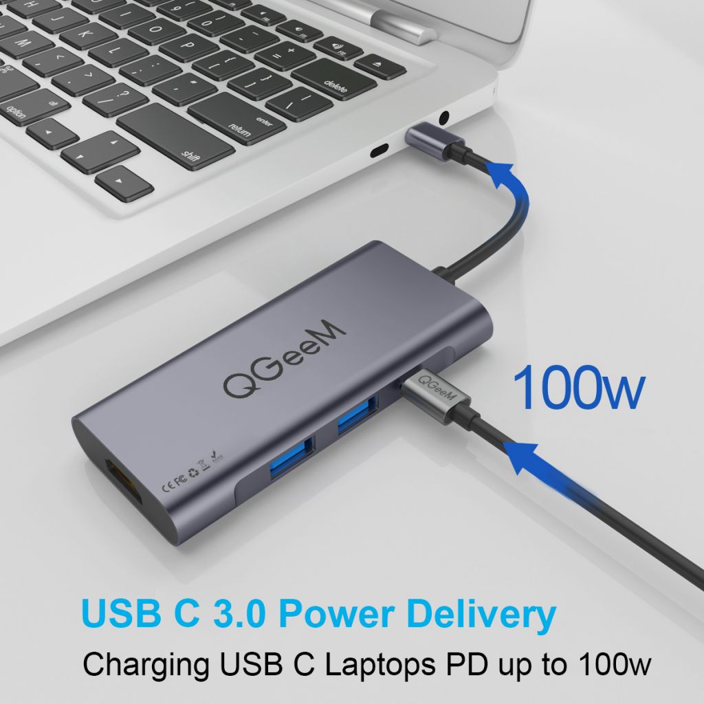 USB C Hub HDMI Adapter, QGeeM 7 in 1 Type C Hub to HDMI 4k, 3 USB 3.0 Ports, 100W Power Delivery, SD/TF Card Readers Compatible with MacBook Pro 13/15(Thunderbolt 3), 2018 Mac Air, Chromebook USB C Adapter