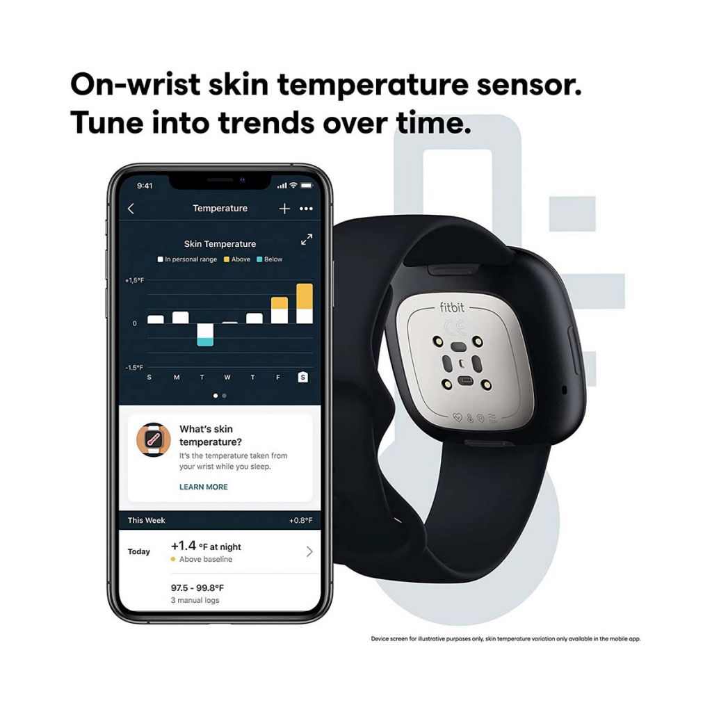 Fit B  Sense Advanced Smartwatch with Tools for Heart Health, Stress Management and Skin Temperature Trends, White/Gold, One Size (S and L Bands Included)