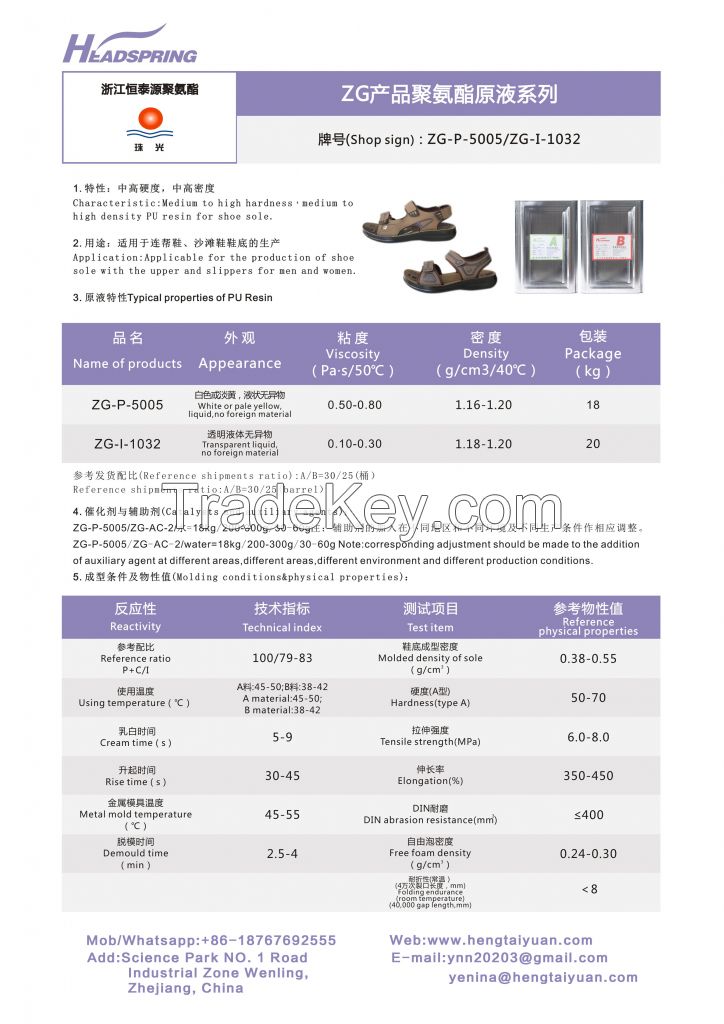medium to high density PU resin for shoe sole.