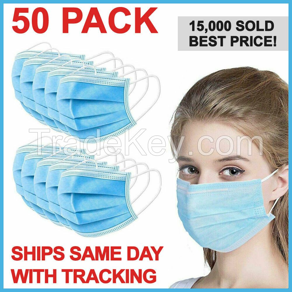 50 PCS Face Mask Medical Surgical Dental Disposable 3-Ply Earloop Mouth Cover