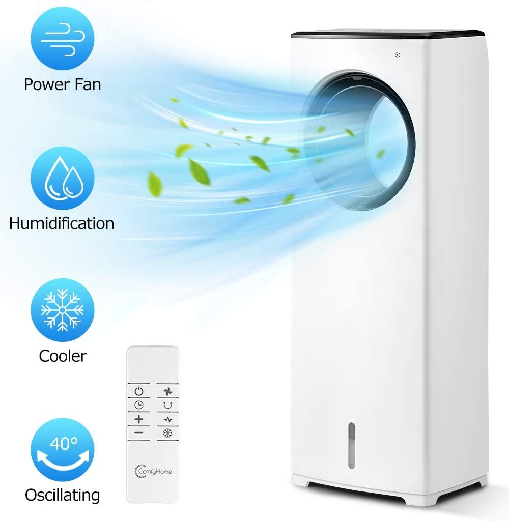 COMFYHOME 2-in-1 32" Evaporative Air Cooler & Tower Fan w/Cooling & Humidification Function, Bladeless Design, 3 Wind Speeds, 4 Modes, 40Â° Oscillation, 15H Timer, Remote Control for Home Office