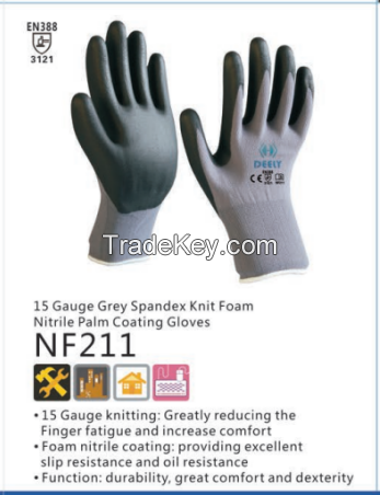 15 Gauge Grey Spandex Knit Foam Nitrile Palm Coated gloves
