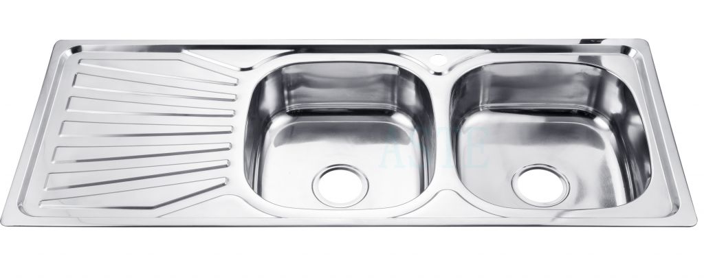 pressing double bowl stainless steel kitchen sink WITH drainboard