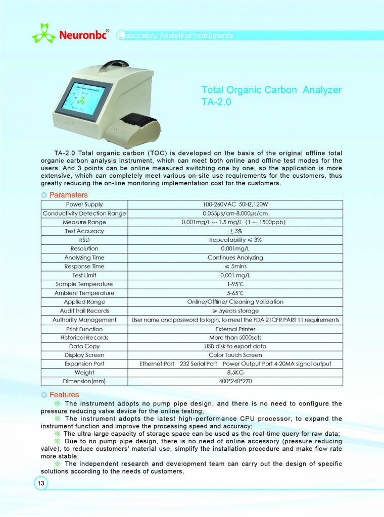 online/Off-line monitoring system Total Organic Carbon Analyzer       TA-2.0