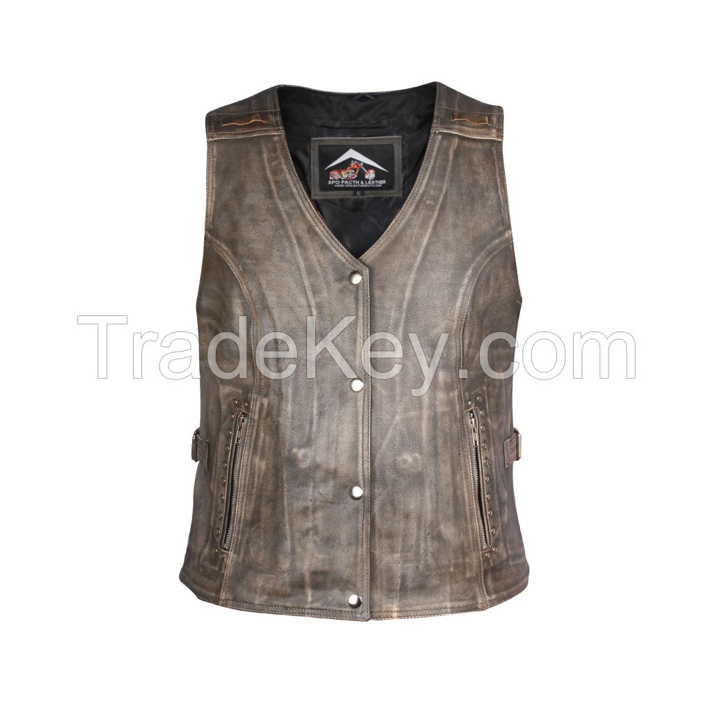 Ladies First Quality Light Brown Antique Genuine Cow Hide Leather Waist coat/Vest with Side Straps