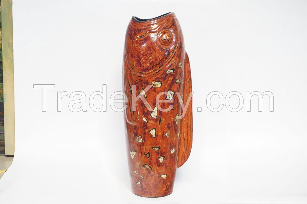 Lacquer flower vase, Big mouth fish shape - Bat Trang Olympia