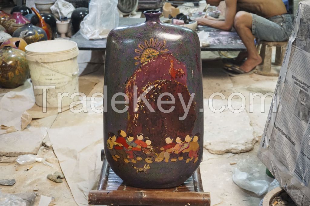 Lacquer flower vase, Big size, Silver mosaic and eggshell on lacquer background - Bat Trang Olympia