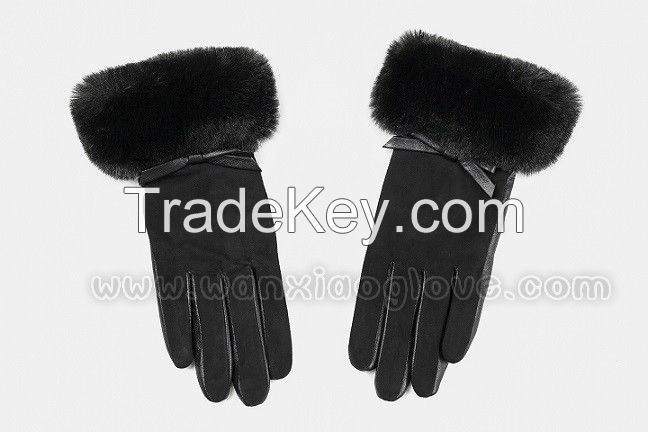 Leather/Lamb Wool/Leather/Shearling Fashion Nappa Patch Leather Glove Mitten with Handsewn/ Machine Sewing and Points for Women/Ladies