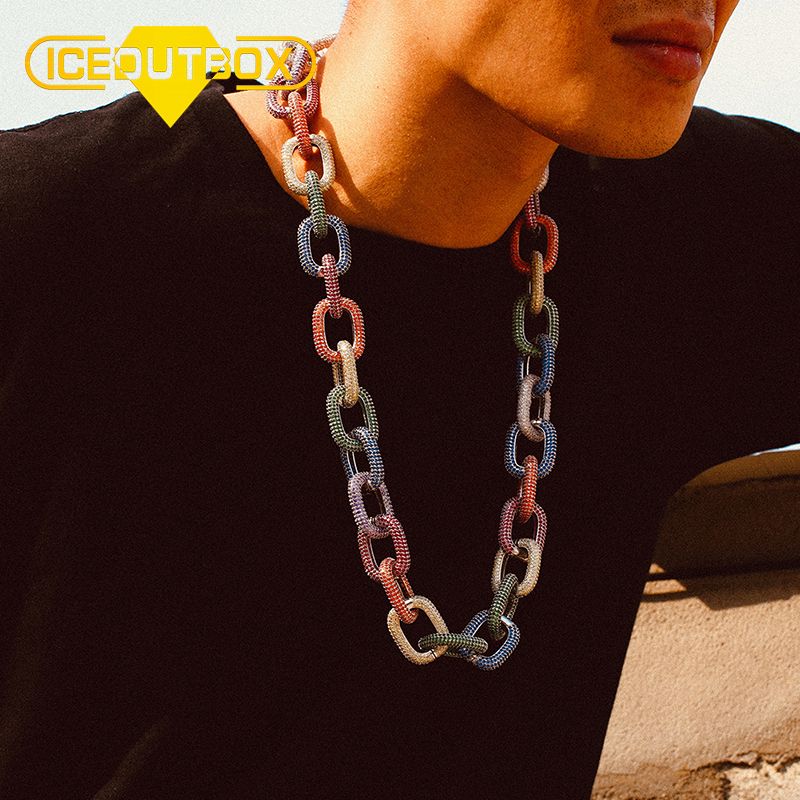 New Style Customized Buckle Colorful Shape HipHop Chain White Gold Plated Iced Out Necklace For Men 