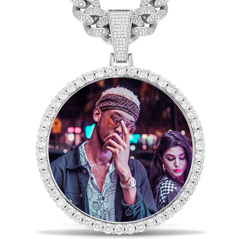 XXXL Size Custom Photo Memory Medallions Solid Pendant Necklace Gold Silver AAA Cubic Zircon Round Pendant