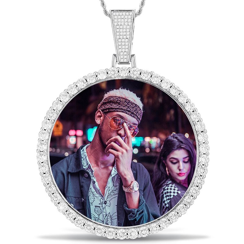 XXXL Size Custom Photo Memory Medallions Solid Pendant Necklace Gold Silver AAA Cubic Zircon Round Pendant