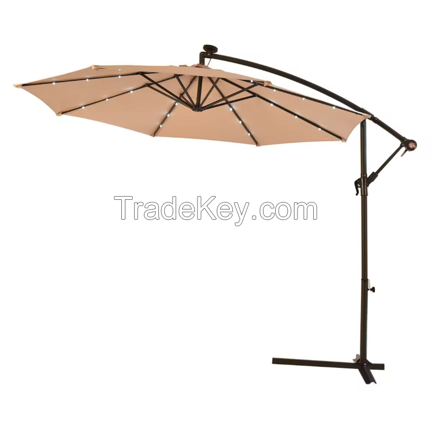 Best Selling Beach Patio Garden Umbrella Solar Panel Parasol Power , Outdoor Led Solar Banana Umbrella With Cross Base For Hotel