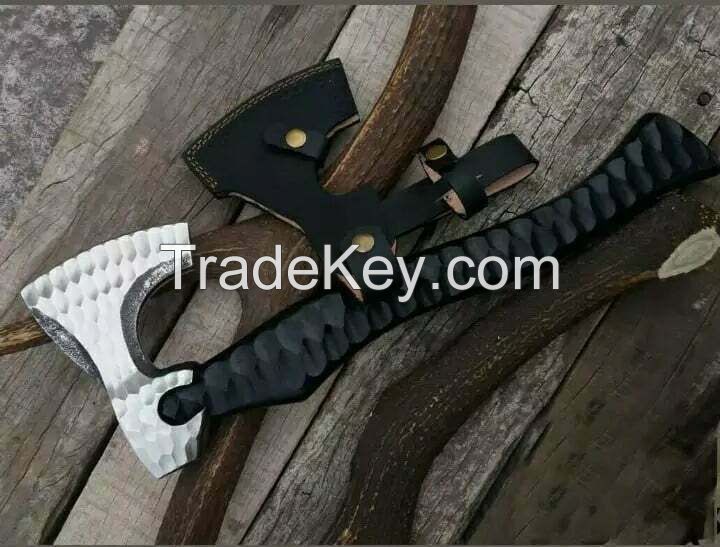 CUSTOM HANDMADE STAINLESS STEEL FORGED VIKING AXE WITH LEATHER SHEATH