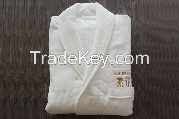 Shawl Collar Bathrobe 100% Cotton White Robe With Embroidery