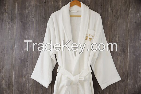 Shawl Collar Bathrobe 100% Cotton White Robe With Embroidery