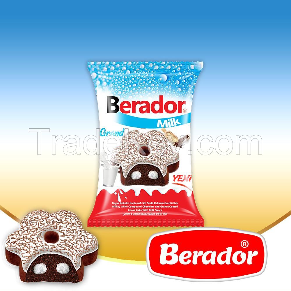 Berador milky white compound chocolate and coconut coated cake with milk sauce