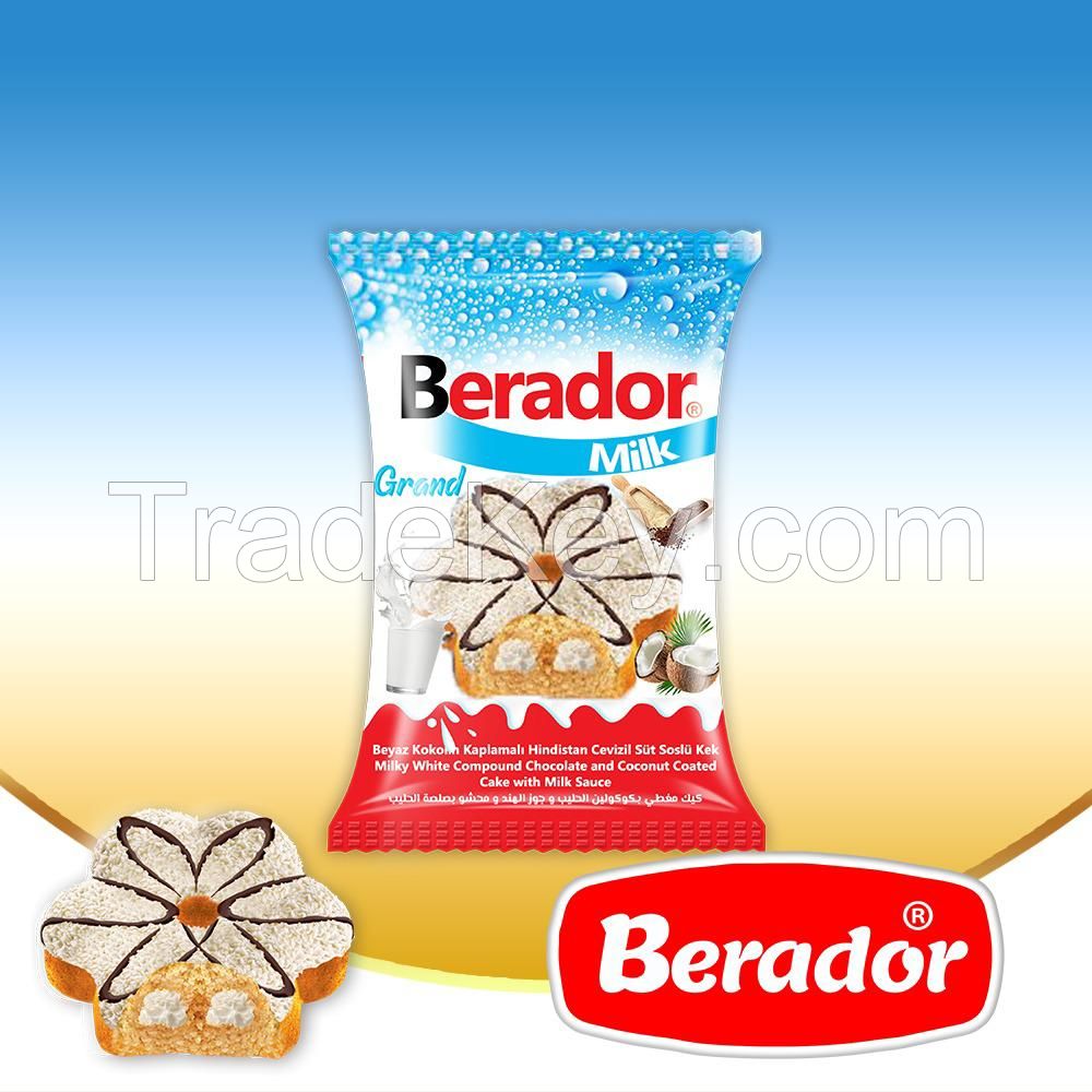 Berador milky white compound chocolate and coconut coated cake with milk sauce