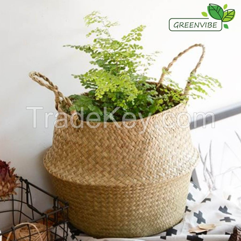 Natural Round Seagrass Belly Basket with Handles, Eco friendly Woven Storage Basket