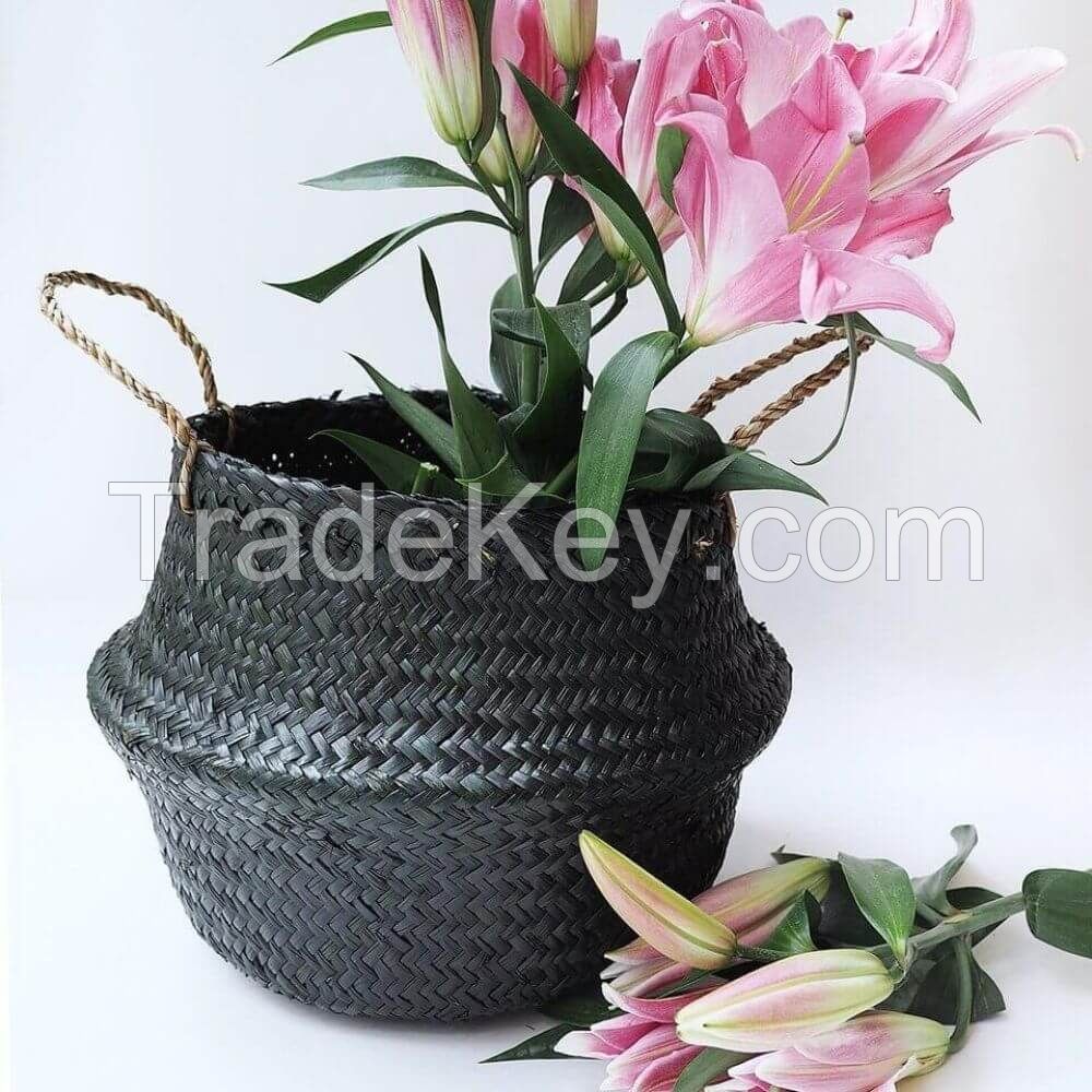 Black Round Seagrass Belly Basket with Handles, Eco friendly Woven Storage Basket