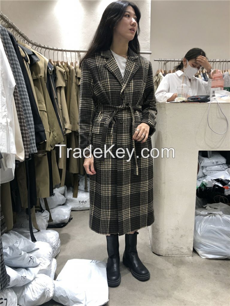 Women's FN high-necked long cotton dress in solid color of 2021 autumn/winter with waist and thick long coat coat