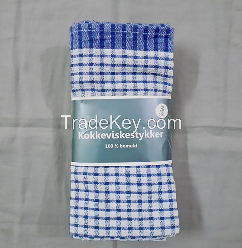 Hotel Kitchen Tea Towel Cotton Linen Plain Dish Towel Restaurant Napkin Duster Cloth Blue with White Dice
