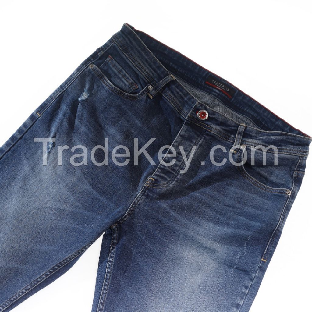 High Quality Men Stretch Jeans Streetwear Mens Denim Trousers with blue and little damaged