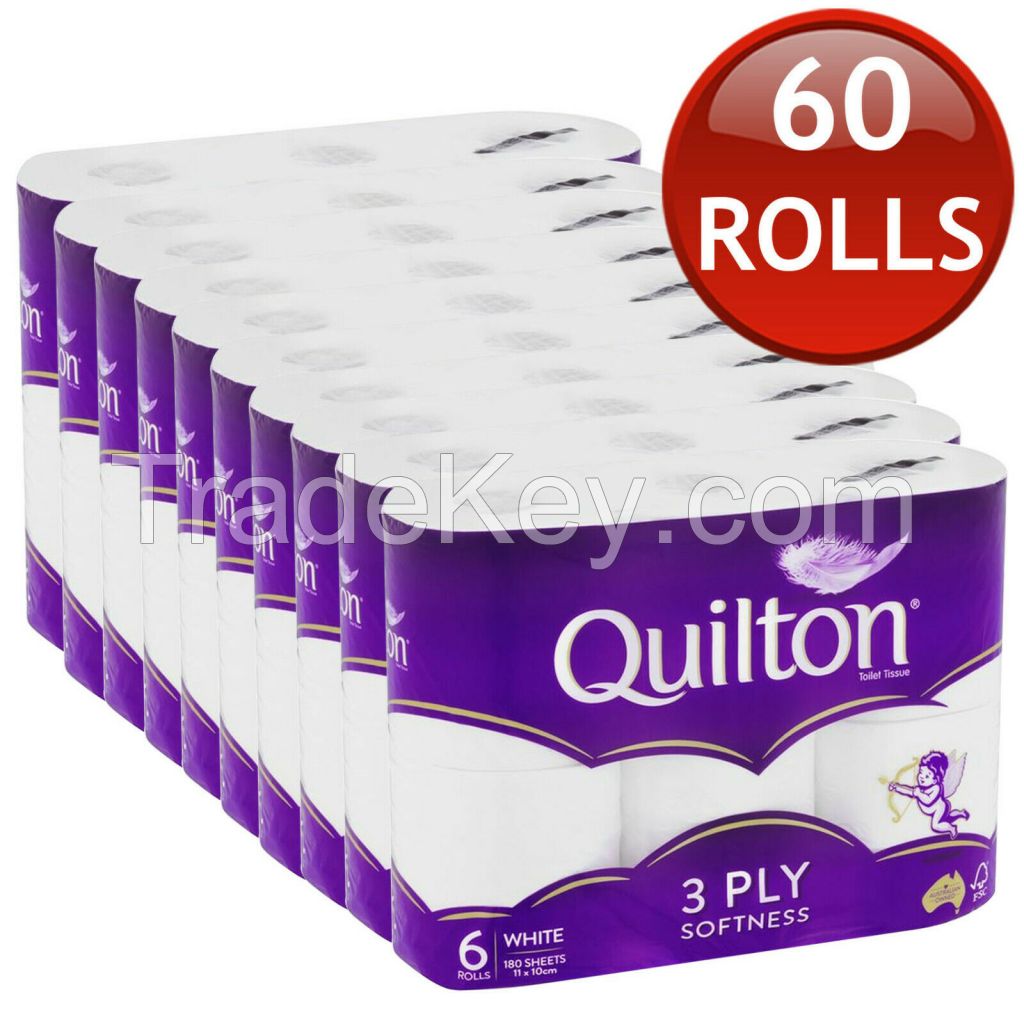 60 x QUILTON PAPER TISSUE ROLLS SOFTNESS SANITARY 3 PLY 180 SHEETS BULK